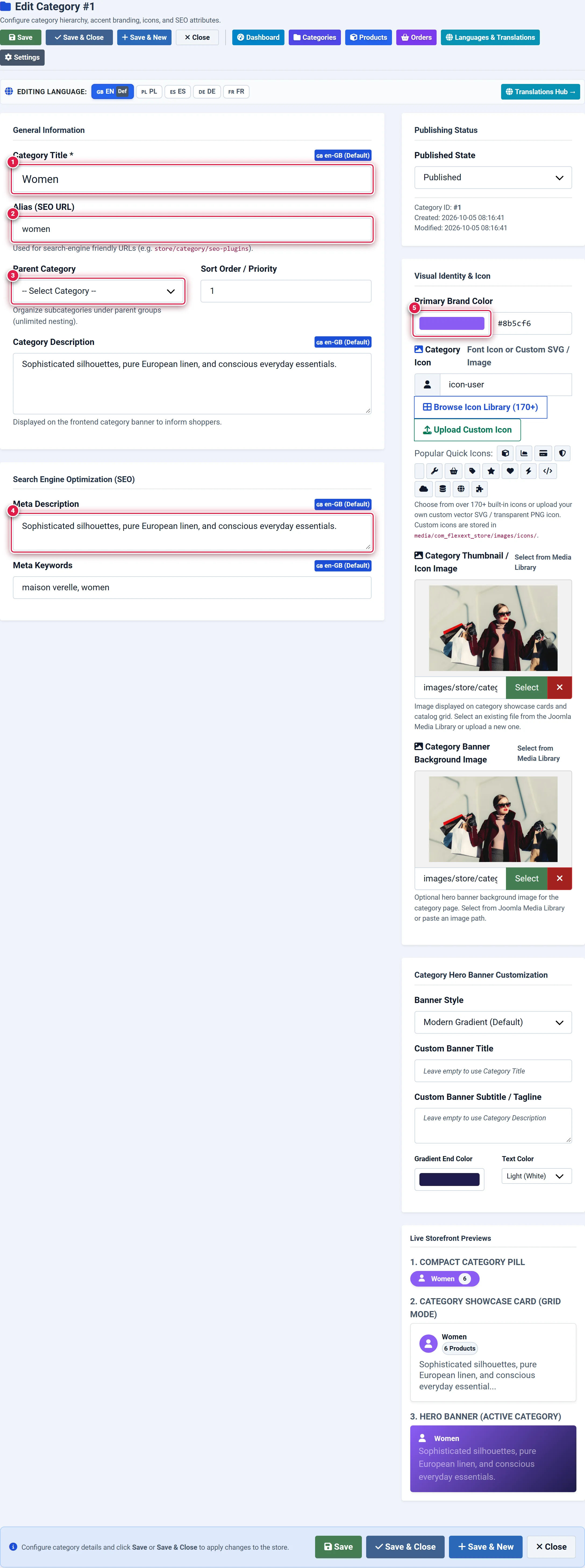FlexExt Store Category Editor form