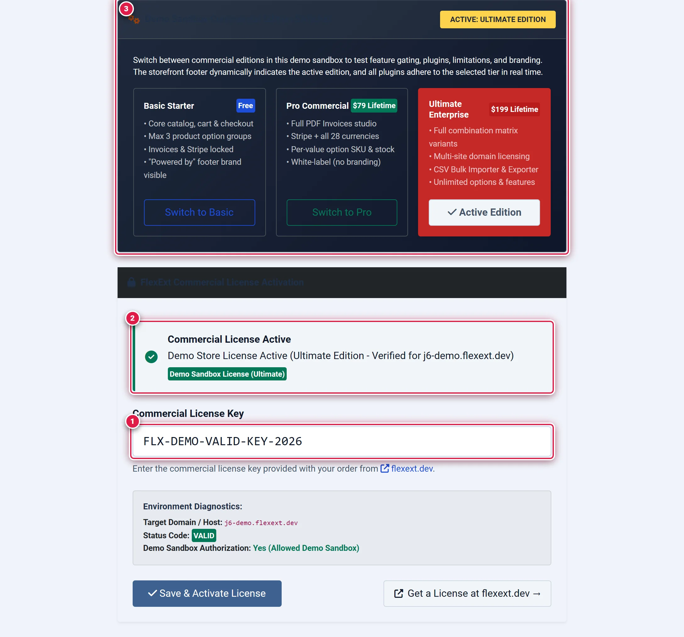 FlexExt Store License Hub with active license and demo edition switcher