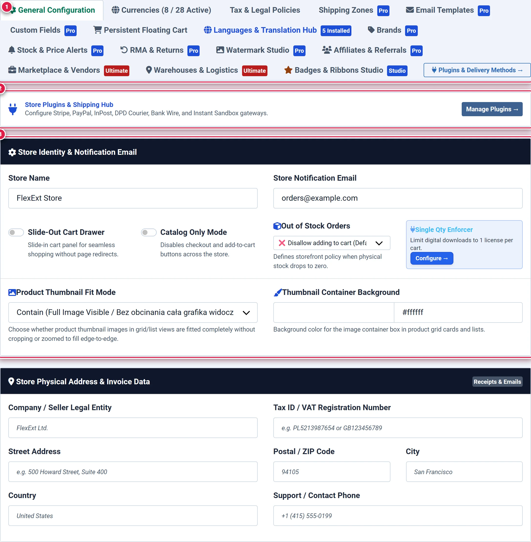 Store Settings General Configuration view showing store identity and display standards